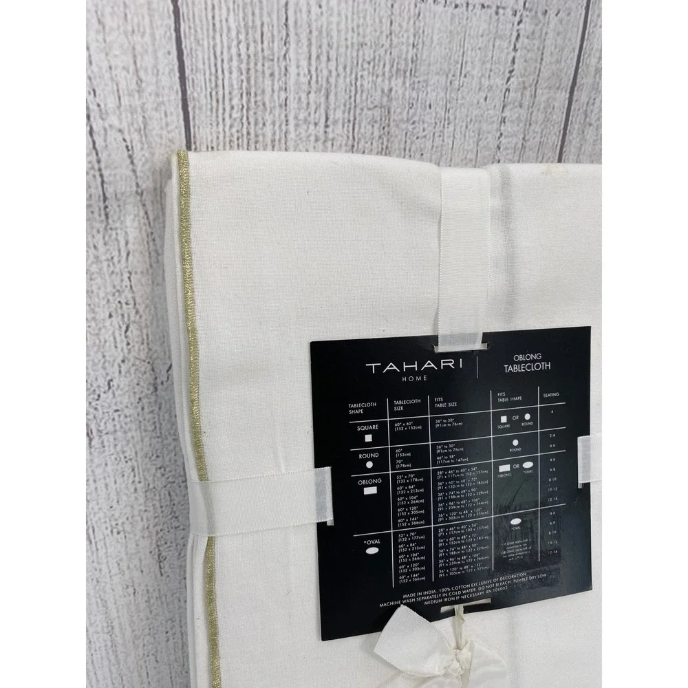 Tahari Home Tablecloth 60x84 Ivory Gold Metallic Trim Cotton Festive Holiday